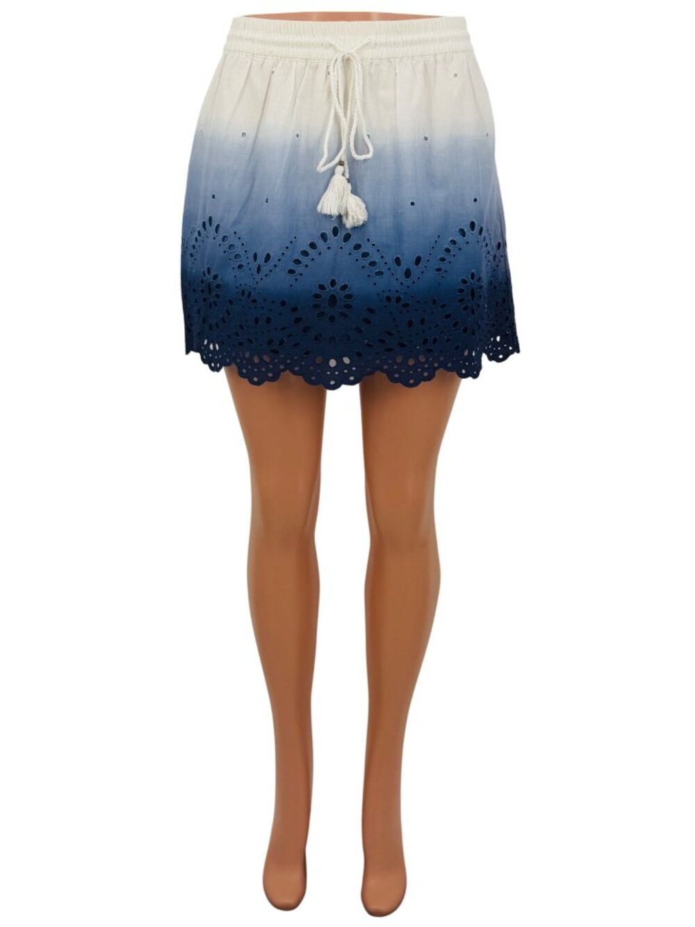 Express White Blue Ombre Eyelet Scalloped Tassel Mini Skirt | Coastal Boho 2K10s - Picture 4 of 16